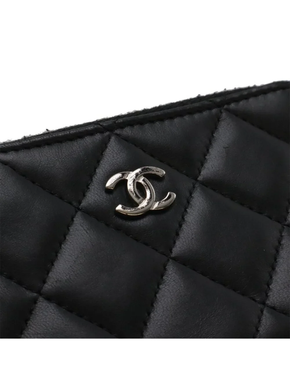 Chanel Quilted CC Logo Coin Purse L-Shaped Zipper Lamb Black Silver Key Ring
